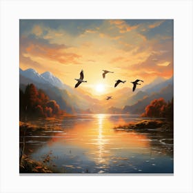 Geese Flying Over Lake Canvas Print