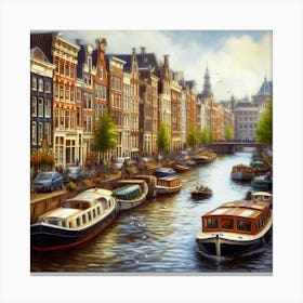 Amsterdam Canals - A canal scene in Amsterdam, with colorful houses lining the banks and boats floating by. The scene is rendered in a realistic, painterly style 2 Canvas Print