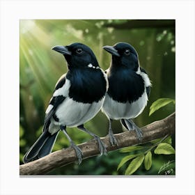 Curious Companions: Magpies in a Sunlit Forest - A Vivid Digital Illustration Canvas Print