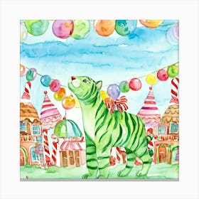 Watercolor Of A Jovial Green Tiger Standing Amid Whimsical Candy Shop Surroundings Lollipop Trees T Canvas Print