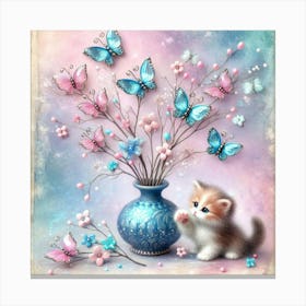 Kitten In A Vase With Butterflies Canvas Print