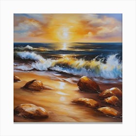 The sea. Beach waves. Beach sand and rocks. Sunset over the sea. Oil on canvas artwork.37 Canvas Print