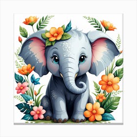 Cute Elephant With Flowers Canvas Print