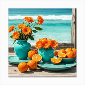 Blue Vase And Oranges Canvas Print