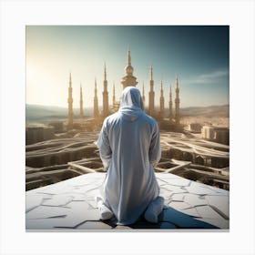 A 3d Dslr Photography Muslim Wearing Futuristic Digital Suit , Praying Towards Makkah Standing Tall Award Winning Photography From The Year 8045 Canvas Print