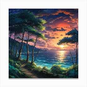 Serene Sunset Over Sparkling Ocean Viewed From a Lush Coastal Forest Path Canvas Print