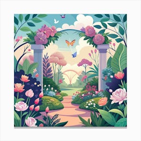 A Lush Garden Scene With Blooming Flowers Buttery Canvas Print