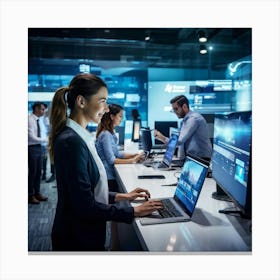 A Bustling Modern Office Scene Employees Engaging With Diverse Digital Devices As They Engage In Co (4) Canvas Print