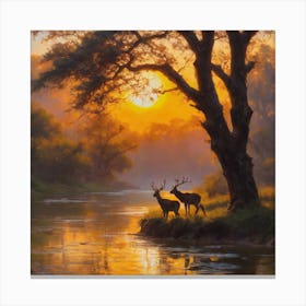 Deers sunset wall 1 Canvas Print