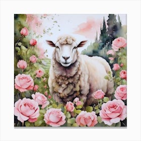 Sheep In Pink Roses Canvas Print