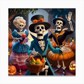 Three Skeletons In Costumes Holding Pumpkins And A Basket Canvas Print