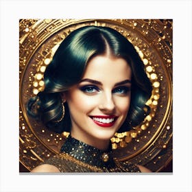 Beautiful Woman With Green Hair And Gold Background Canvas Print