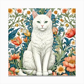 White Cat In Flowers william morris inspired Canvas Print