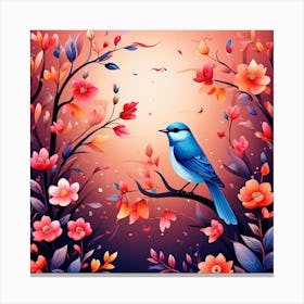 A Bright-Toned Design With Flowers And Leaves Trees And Birds A Beautiful And Simple Picture Bird In A Flower Canvas Print