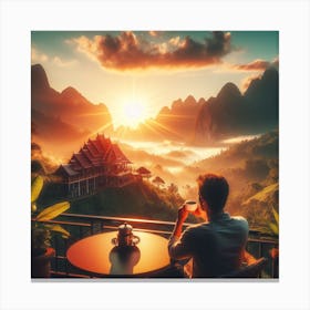 Man Drinking Tea In The Mountains Canvas Print