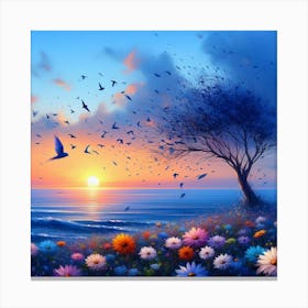 Sunset With Birds And Flowers 1 Canvas Print