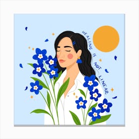 Serene Woman With Blue Flowers, Healing Is Not Linear Canvas Print