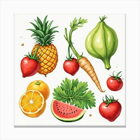 Lush Fruits And Vegetables In An Artistic Watercolor Presentation 1 Canvas Print