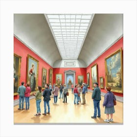 Watercolor View Of An English Art Museum With Visitors Exploring Exhibits 1 Canvas Print