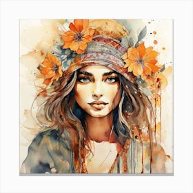 Watercolor Of A Girl With Flowers Canvas Print