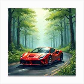 Ferrari Driving Through A Watercolor Misty Forest With Lush Greenery 1 1 Canvas Print