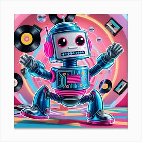 A Vibrant, Neon Lit Cartoon Style Animated Gif Featuring A Retro Futuristic Robot With Shiny Metallic Skin, Glowing Blue Circuits, And Neon Pink Accents, Busting Energetic Dance Moves (2) Canvas Print