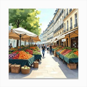 Parisian Outdoor Market In Watercolor With Fresh Produce And Artisan Goods 1 Canvas Print