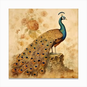 Peacock Peafowl Vintage Sepia Feathers Nature Animal Bird Junk Journal Ephemera Antique Canvas Print