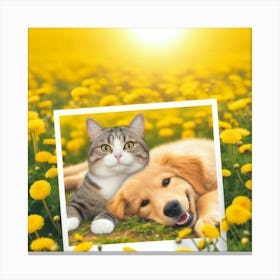 Cat And Dog In The Field Canvas Print