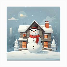 Snowman In Front Of House 1 Canvas Print