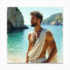 A Graceful Greek Man In Watercolor, With The Serene Waters Of A Hidden Cove Behind 1 Canvas Print