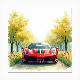 Ferrari 488 Pista With A Bright Watercolor Spring Garden, No Logo Or Signature 1 Canvas Print