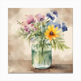 Watercolor Flowers In A Mason Jar 1 Canvas Print