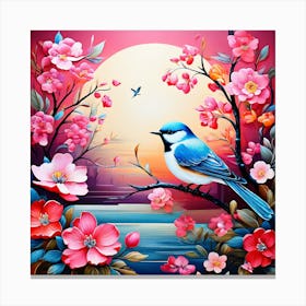 Bird On A Branch, A Bright Toned Design With Flowers And Leaves Trees And Birds A Beautiful And, Simple Picture , Wall art 1 Canvas Print