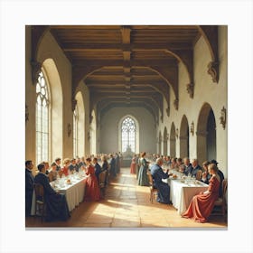 Watercolor Scene Of An English Castle Banquet Hall With Guests Dining And Socializing 1 Canvas Print