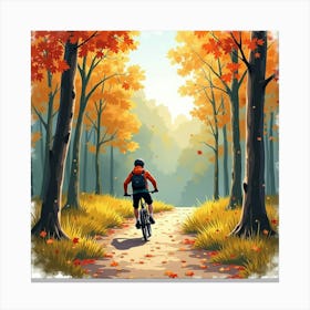 Mountain Bike On A Forested Trail With Autumn Leaves Watercolor 1 Canvas Print