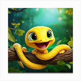 Baby Snake With Surprised Expression On A Tree Branch 3d Animation Yellow Scales Green Eyes Formi Canvas Print