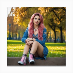 Pink Haired Girl In Denim Canvas Print