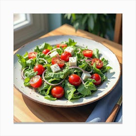 Watercolor Portrayal Of A Fresh And Vibrant Greek Salad On A Cozy Dining Table Canvas Print