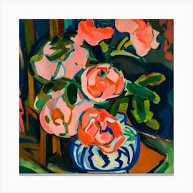 Pink Roses In A Blue Vase Canvas Print