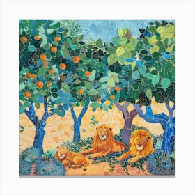 Lions Resting under Acacia Trees Series. Style of David Hockney 3 Canvas Print