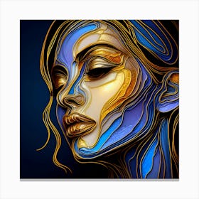 Face Portrait Of A Lady In Style - Stained Glass Effect With Golden Lines, And Orange, Blue, Purple, And Golden Colors On a Deep Blue Background With A Touch Of Abstraction. An Amazing Piece Of Art. Canvas Print