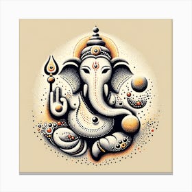 "Spiritual Dotscape: Ganesha's Serene Contemplation" - This exquisite portrayal of Lord Ganesha is crafted through the delicate art of pointillism, bringing a profound depth and texture to the piece. The warm beige background serves as a canvas for the divine form of Ganesha, rendered in a monochromatic palette with shades of black, white, and gray, punctuated by dots of red. The deity's gentle, introspective gaze is surrounded by an array of dots forming traditional symbols, invoking a sense of timeless wisdom and calm. This artwork is perfect for those seeking a powerful yet subtle spiritual presence in their surroundings. It combines the serenity of meditation with the intricacy of artisanal craftsmanship, making it a treasured addition to any home or sacred space. Canvas Print