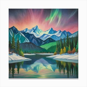 Aurora Over Snow Capped Peaks A Tranquil Mountain Reflection (5) Canvas Print