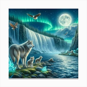 Wolf Family by Waterfall Under Full Moon and Aurora Borealis Canvas Print
