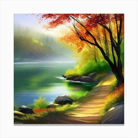 Autumn Path By The Lake Canvas Print