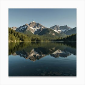 A Serene Mountain Lake With Reflections Of The Surrounding Peaks And A Clear Blue Sky Canvas Print