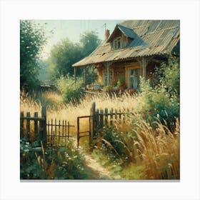 House Among The Grass In The Countryside, Acrylic Painting Style Canvas Print