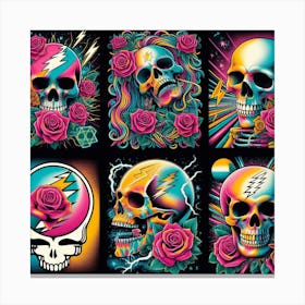 Grateful Dead Art: This artwork is inspired by the American rock band Grateful Dead, known for their eclectic style and psychedelic imagery. The artwork features a colorful skull with roses, a symbol of the band’s logo and album covers. The artwork also has some musical notes and stars in the background, representing the band’s musical influence and legacy. This artwork is suitable for fans of Grateful Dead or classic rock music, and it can be placed in a living room, bedroom, or music studio. 3 Canvas Print