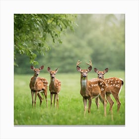 Fawns In A Field.A picture of a group of deer in the green grass Canvas Print